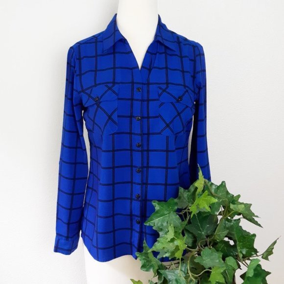 Kim Rogers Tops - Kim Rogers Petite Royal Blue Checkered Plaid Long Sleeve Button Up Shirt